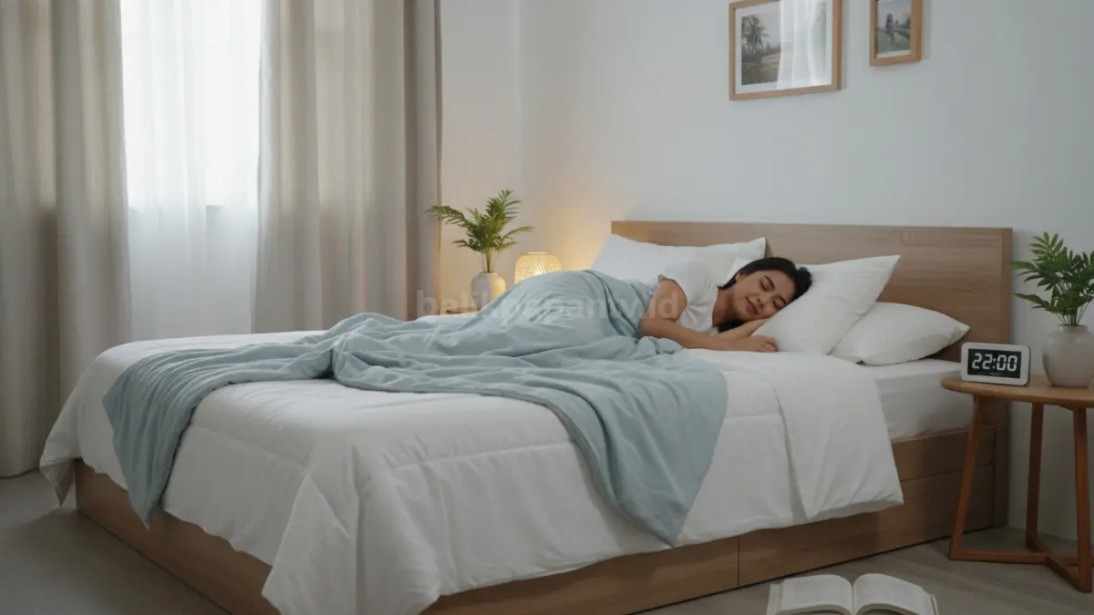 Seseorang tertidur nyenyak di kamar dengan pencahayaan redup dan suasana tenang, menunjukkan rutinitas tidur teratur yang membantu tubuh mengatur hormon dan menjaga berat badan tetap stabil.