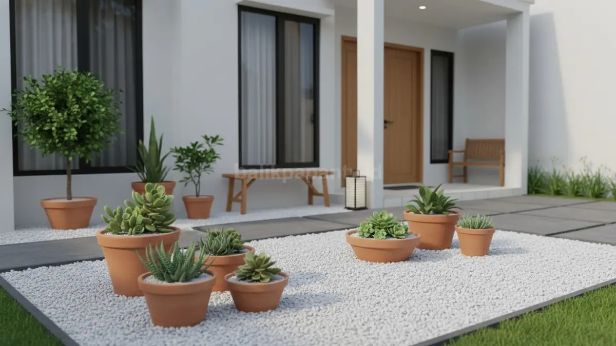  Taman Mediterania minimalis dengan kerikil putih 