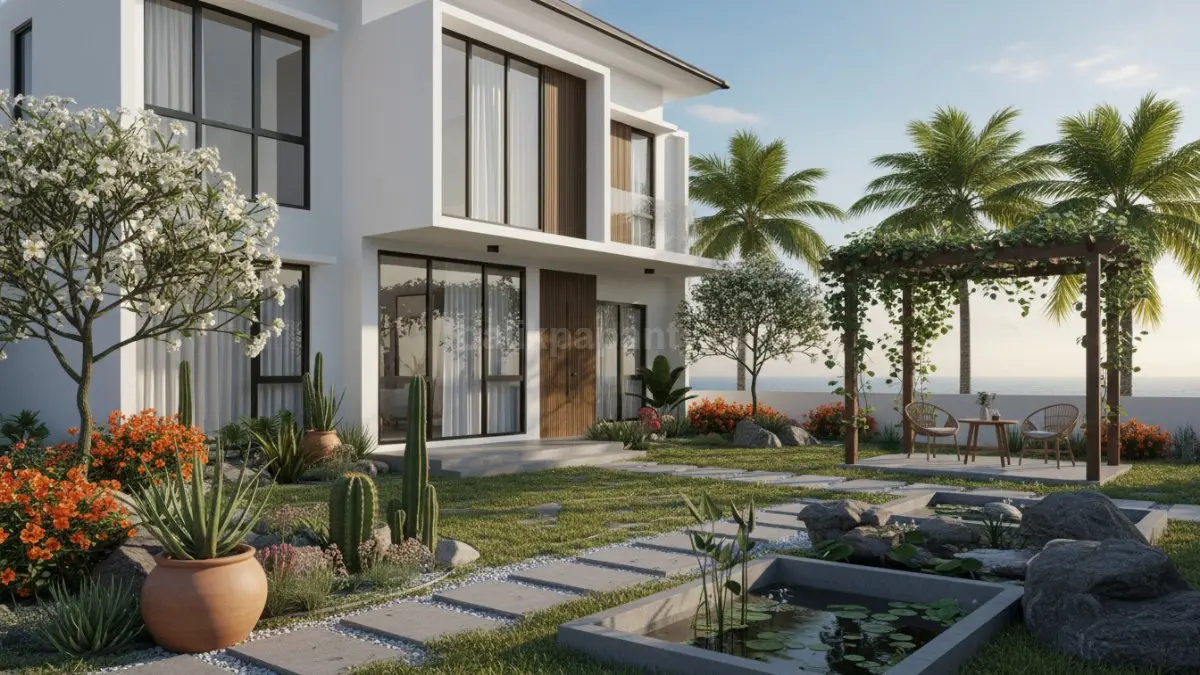 taman Mediterania modern dengan kerikil putih dan tanaman sukulen di rumah tropis