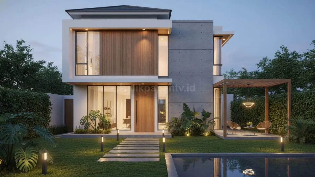 taman rumah modern dengan pencahayaan smart lighting hangat di malam hari