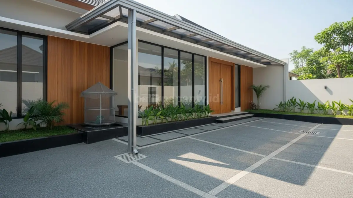 Tampilan rumah modern dengan talang air tertutup, lantai berkemiringan tepat, dan material anti-genangan yang dirancang untuk mencegah penumpukan air, sebagai solusi jangka panjang mengurangi risiko berkembangnya nyamuk penyebab DBD.