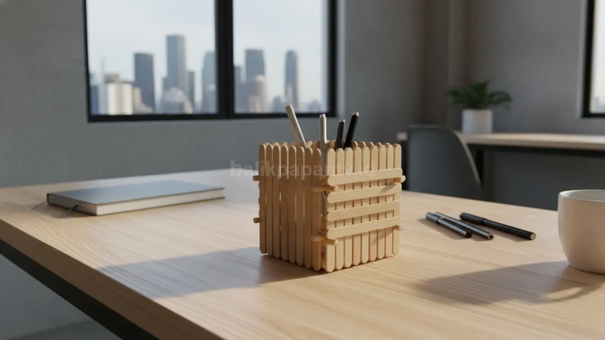 tempat pensil dari stik es krim dengan desain minimalis di meja kerja