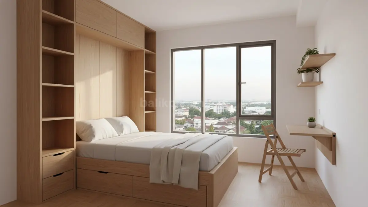 Tempat tidur built-in minimalis modern dengan desain menyatu dinding