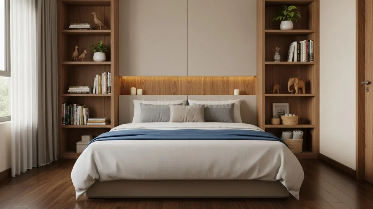  Tempat tidur menyatu dengan dinding dan rak vertikal