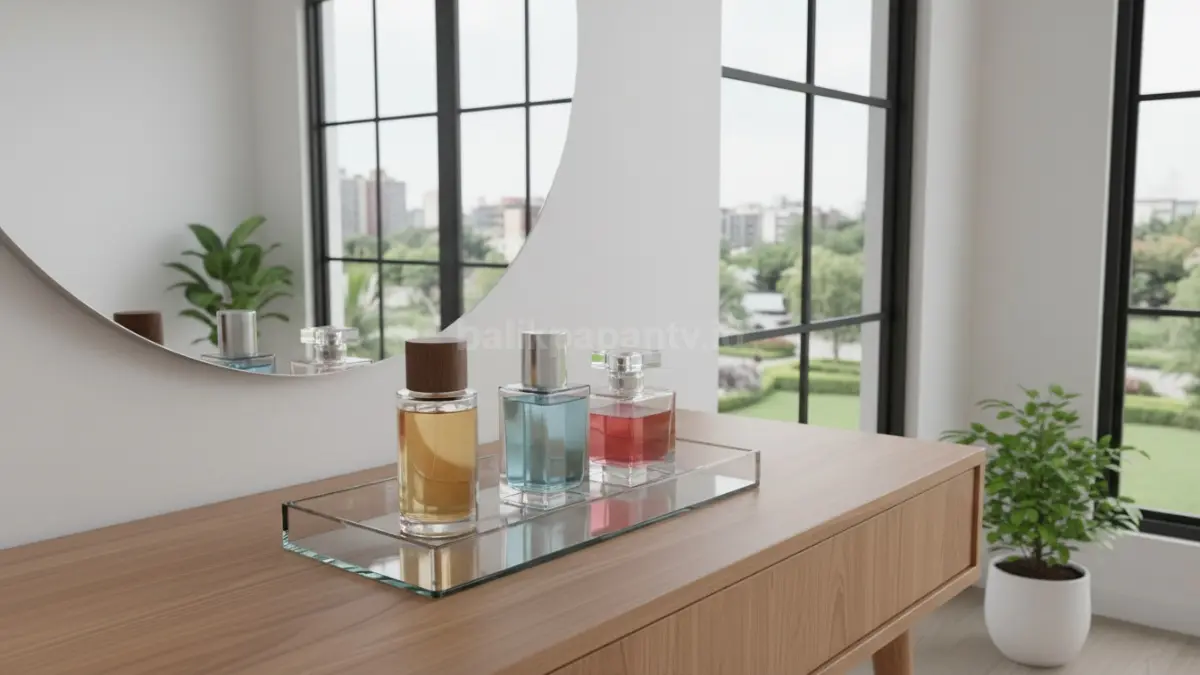 Tray kaca berisi parfum di atas meja rias minimalis
