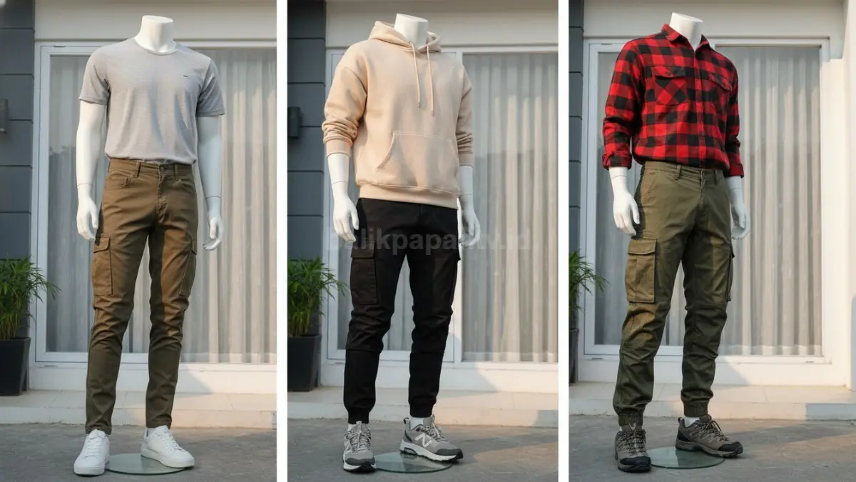 Variasi model celana cargo seperti slim fit dan jogger yang sedang tren