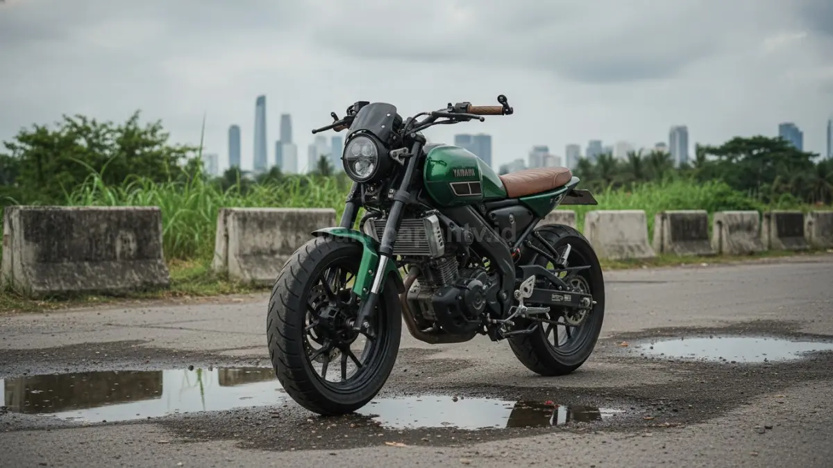 Yamaha XSR 155 modifikasi tipis dengan ban lebar tampil padat dan kokoh di jalan.
