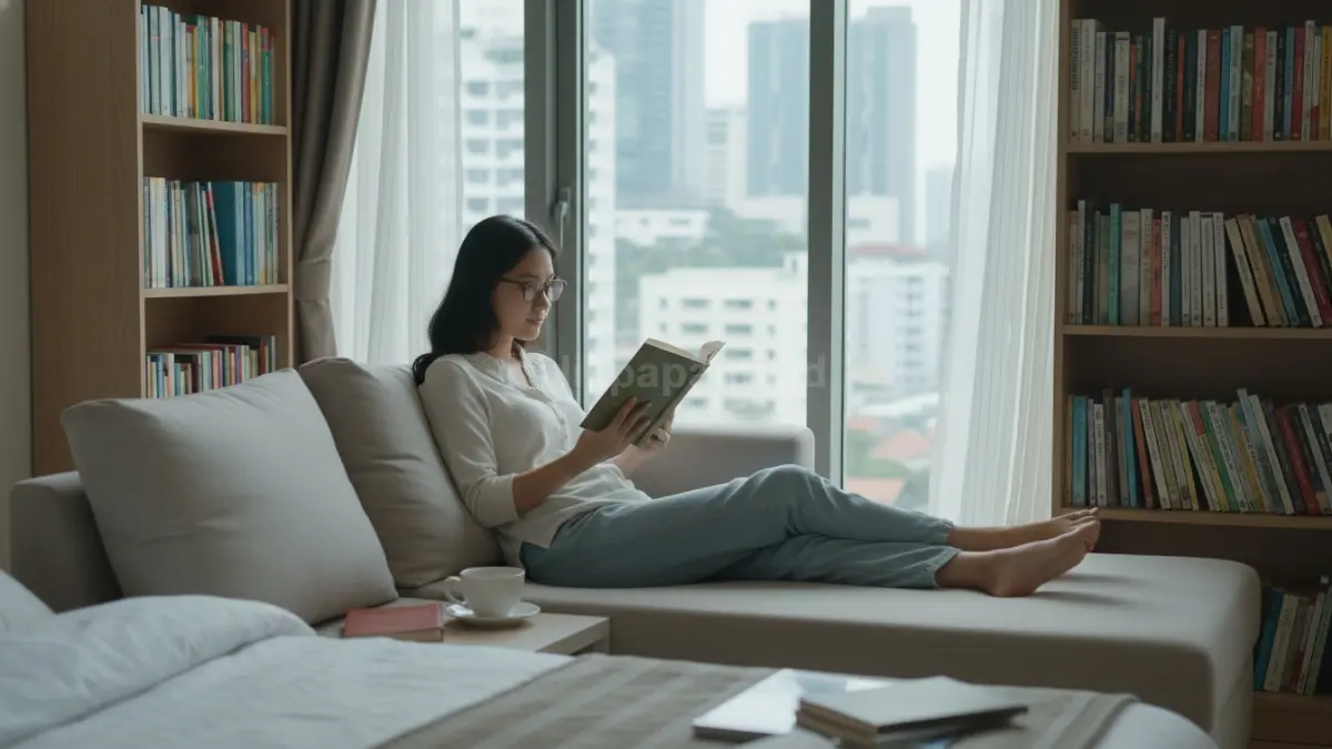 Aktivitas membaca buku santai di kamar, simbol hobi intelektual modern yang meningkatkan fokus