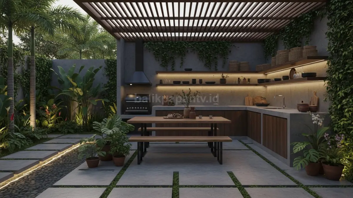 Dapur outdoor menyatu taman kecil
