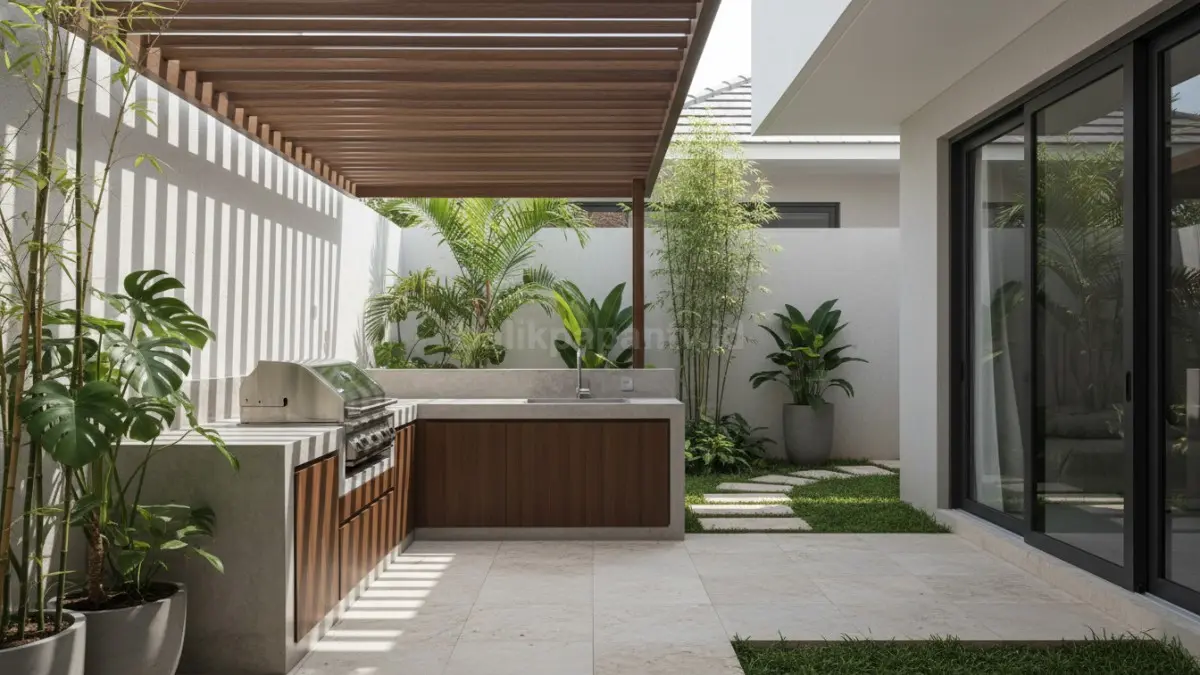 Dapur outdoor minimalis dengan taman kecil, suasana segar dan pencahayaan alami
