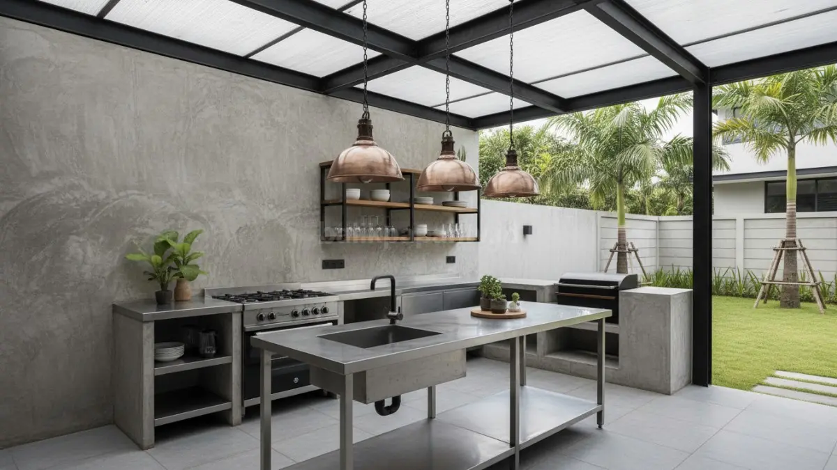 Gaya industrial dapur outdoor minimalis dengan material ekspos
