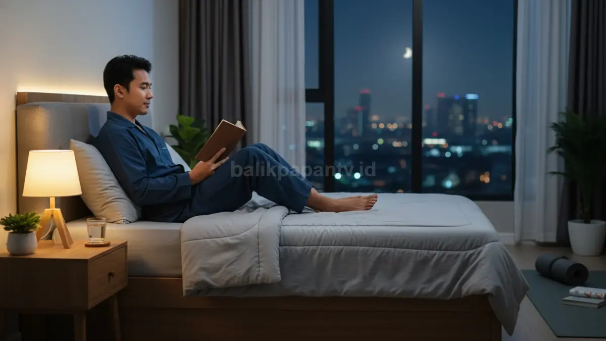 i membangun rutinitas malam yang stabil untuk memperbaiki jam tidur
Gambar menampilkan suasana malam dengan seseorang melakukan aktivitas ringan seperti membaca buku atau relaksasi sebelum tidur.