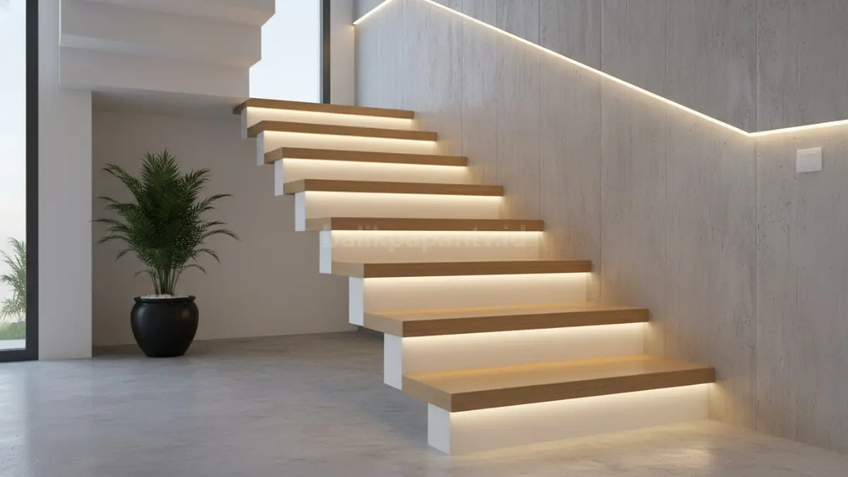 Lampu strip LED tersembunyi di dinding tangga