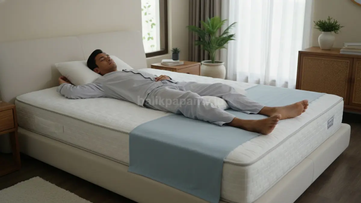 seseorang tidur dengan posisi nyaman di atas kasur yang menopang tulang belakang dengan baik, menggambarkan pentingnya istirahat optimal untuk membantu pemulihan otot punggung lebih cepat
