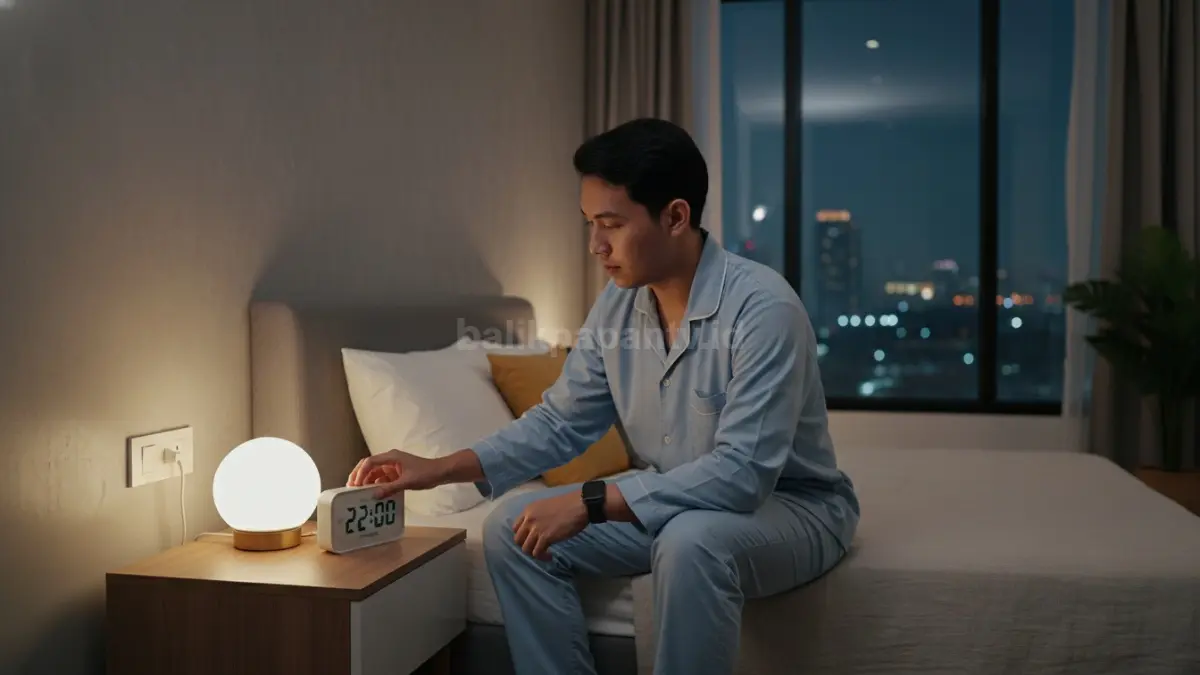 suasana malam dengan seseorang mengatur ulang jam tidur di kamar tenang, mencerminkan pola hidup sehat modern.