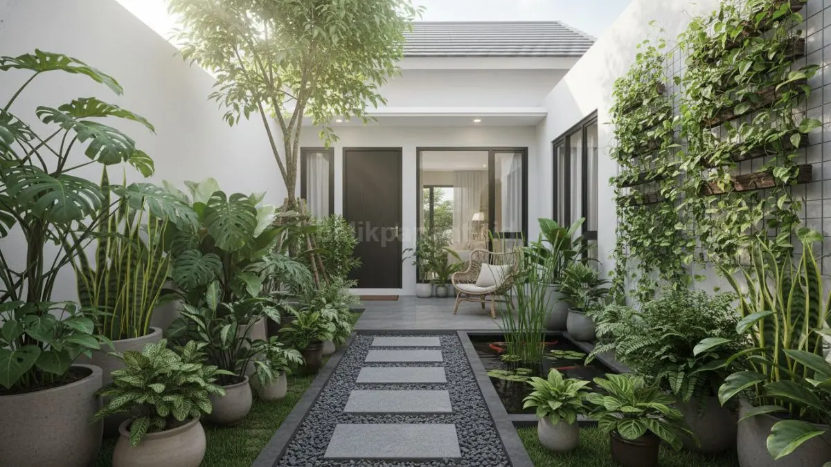 Taman minimalis kecil di halaman rumah dengan pot tanaman tertata rapi