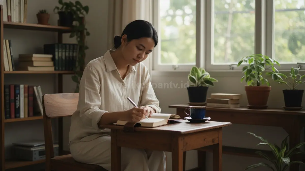 Seseorang duduk di meja kecil dengan buku jurnal terbuka, menulis dengan ekspresi tenang dan fokus. Di sekitarnya terlihat suasana yang nyaman dan minim gangguan. Gambar ini menggambarkan kebiasaan menulis jurnal harian sebagai cara sederhana untuk meredakan pikiran dan mengelola emosi.