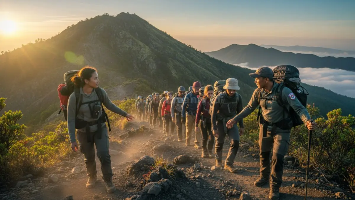 Gambar ini menunjukkan pendakian gunung secara berkelompok dengan sistem koordinasi perjalanan. Para pendaki berjalan bersama dengan pembagian peran seperti leader dan sweeper untuk menjaga keamanan, ritme, dan memastikan tidak ada anggota yang tertinggal.