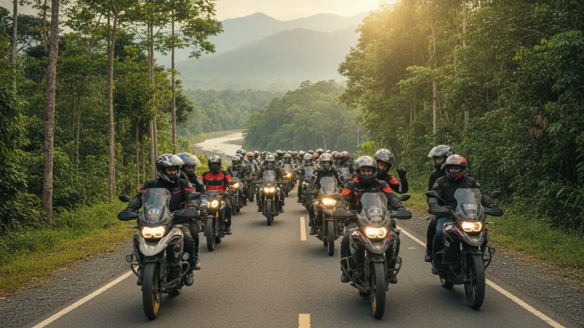 Rombongan komunitas motor sedang melakukan perjalanan touring melintasi jalan lintas Kalimantan menuju area wisata alam, menggambarkan kebersamaan, interaksi sosial, dan pengalaman perjalanan sebagai bagian dari gaya hidup riding group yang terus berkembang.