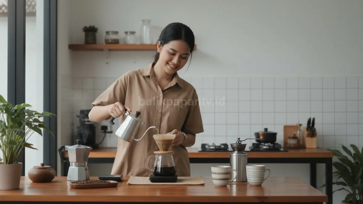 Aktivitas barista rumahan meracik kopi dengan alat sederhana di dapur