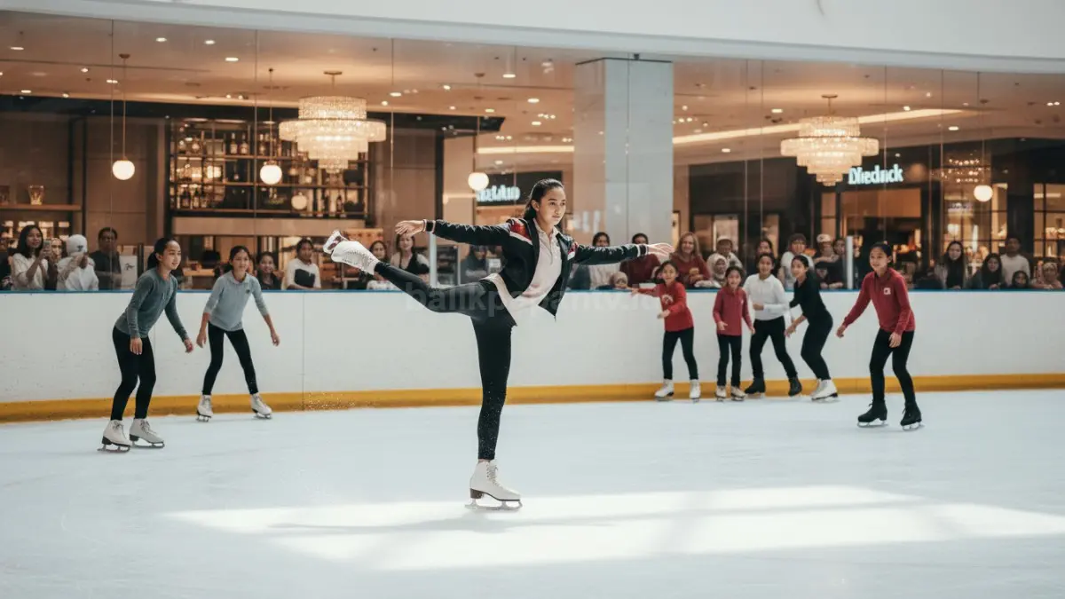 Aktivitas ice skating di arena es dalam pusat perbelanjaan modern yang ramai pengunjung, menampilkan perpaduan olahraga, seni gerak, dan gaya hidup urban yang mulai diminati anak muda sebagai pelepas stres dan latihan koordinasi tubuh.