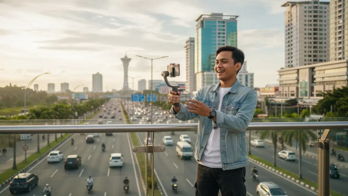 Aktivitas seseorang merekam vlog dengan smartphone di suasana kota Balikpapan