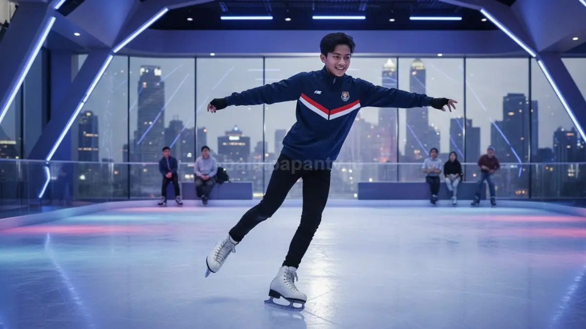 Anak muda bermain ice skating di arena es modern dengan gerakan seimbang dan ekspresi antusias