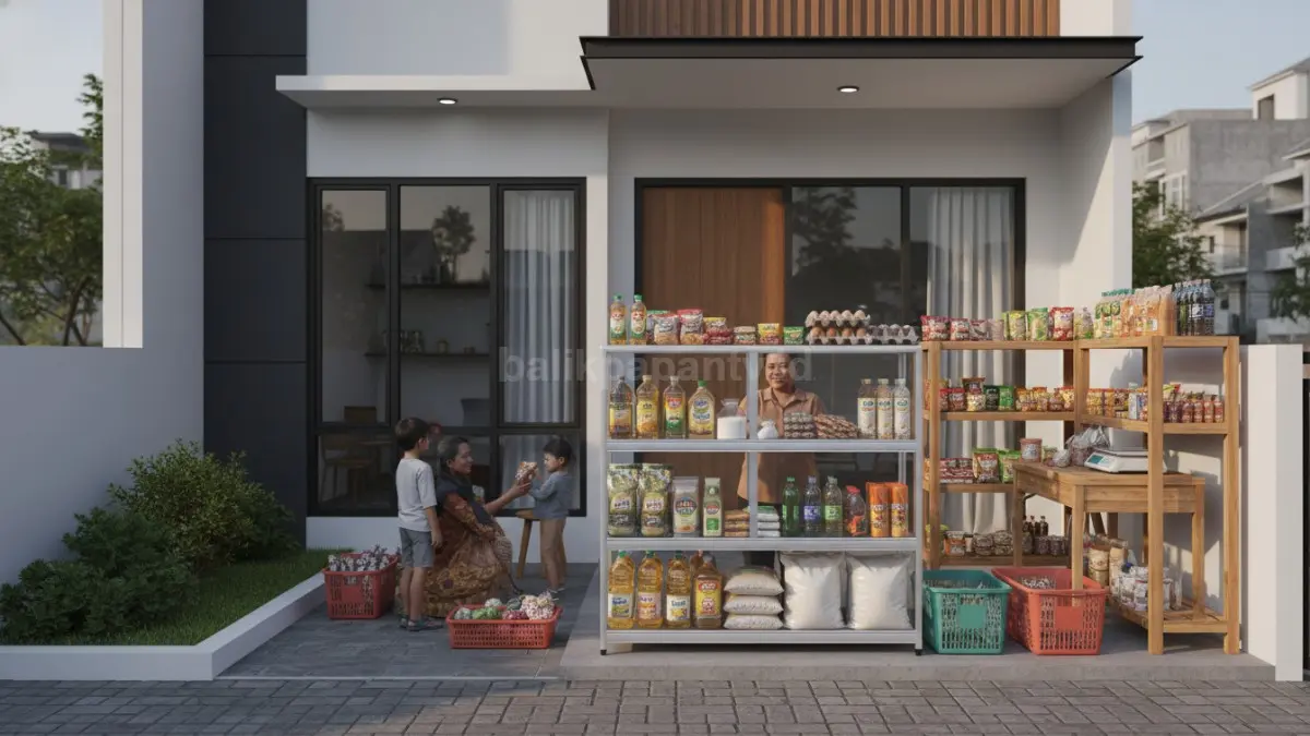 Area depan rumah disulap jadi warung sembako sederhana dengan etalase minimalis
