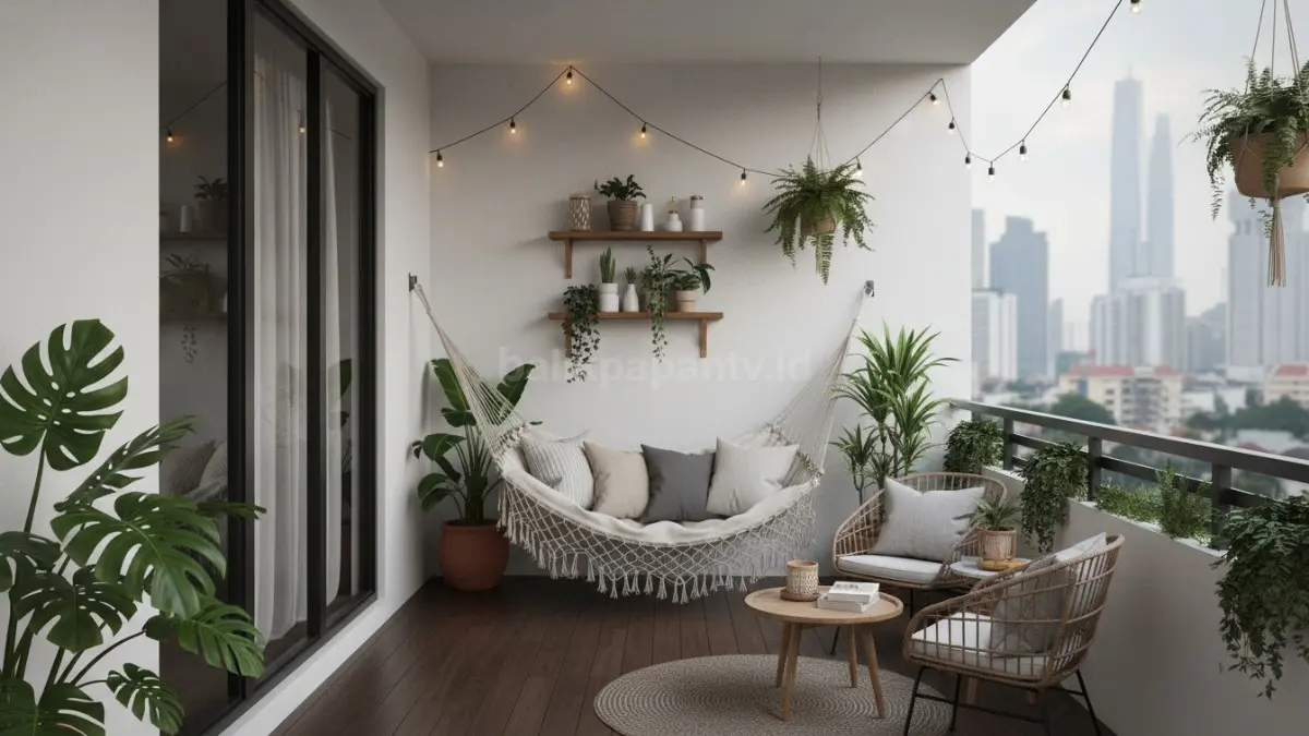 Balkon rumah minimalis dengan tanaman hijau dan kursi santai, spot rileks modern