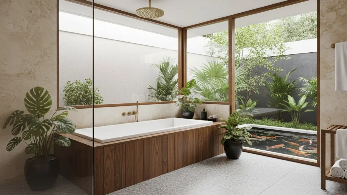 Bathtub built-in dengan panel kayu minimalis