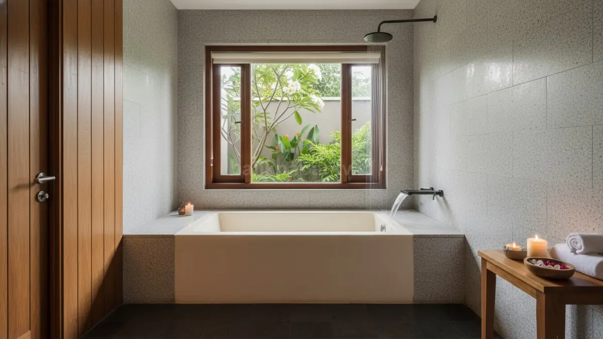 Bathtub built-in minimalis menyatu dengan desain kamar mandi modern elegan