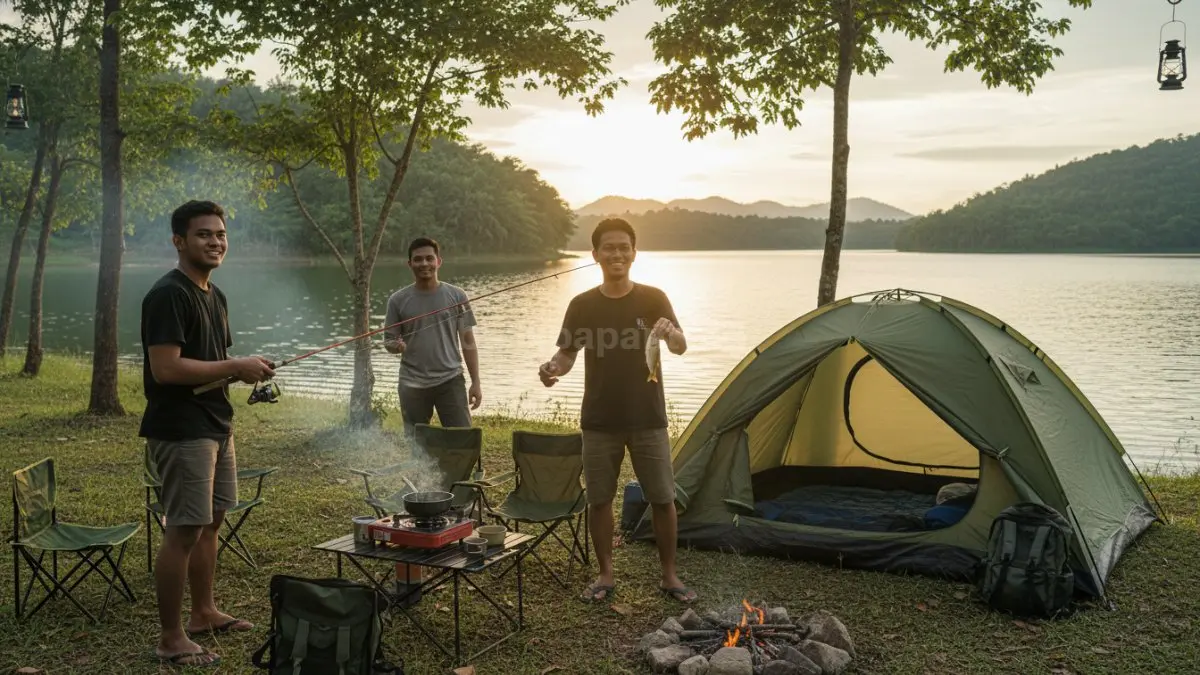 Camping santai akhir pekan dilakukan di lokasi mudah dijangkau seperti danau atau tepi sungai.