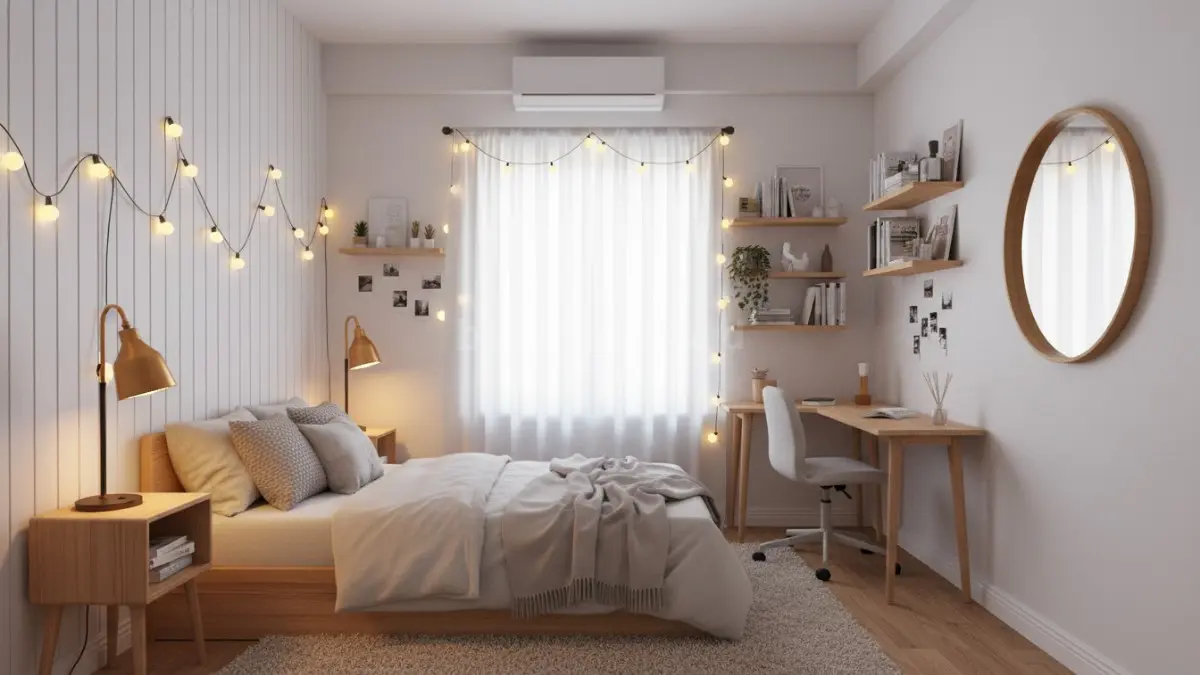 Contoh kamar tumblr dengan pencahayaan hangat dan dekor personal