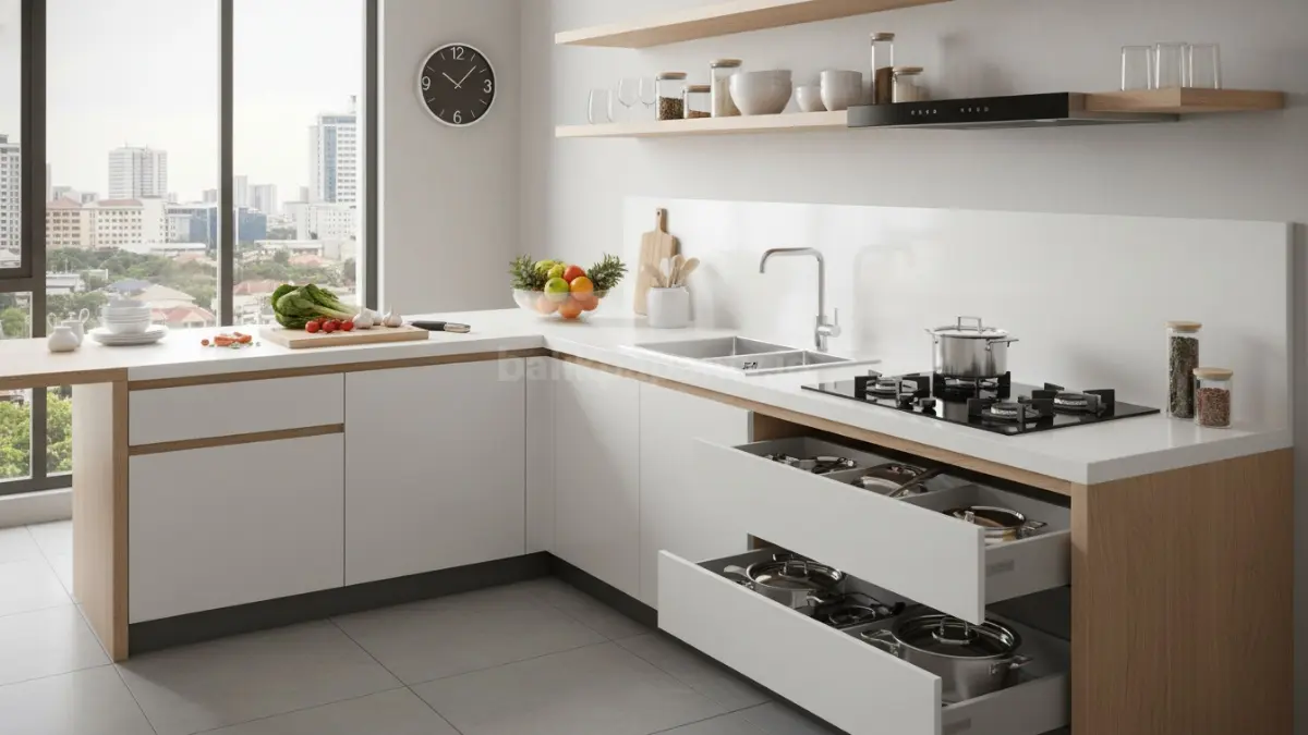Desain dapur modern dengan kompor tanam dan sink menyatu dalam konsep minimalis elegan dan fungsional