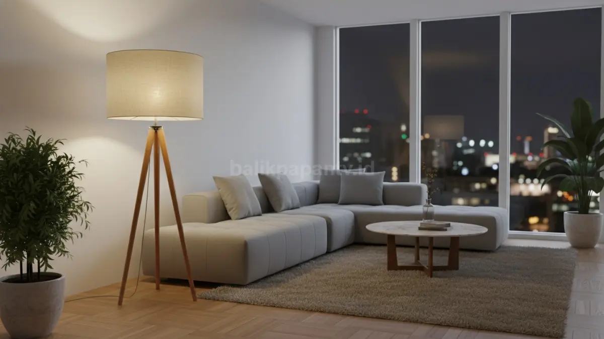 Floor lamp dengan kap kain untuk cahaya lembut