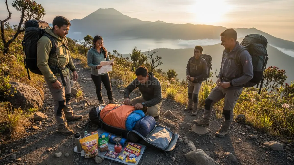 Gambar ini menunjukkan manajemen perlengkapan pendakian, seperti tenda, sleeping bag, kompor portable, dan pakaian lapisan dalam ransel. Pendaki juga menyiapkan logistik makanan dan cadangan energi sesuai kebutuhan selama perjalanan.