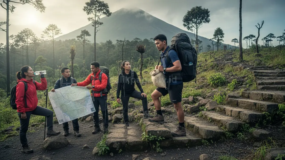 Gambar ini menunjukkan persiapan sebelum mendaki gunung, seperti latihan fisik (jalan jauh, naik tangga, dan membawa beban) serta persiapan mental. Pendaki juga mempelajari jalur dan kondisi cuaca untuk menghadapi medan dan suhu ekstrem di pegunungan.