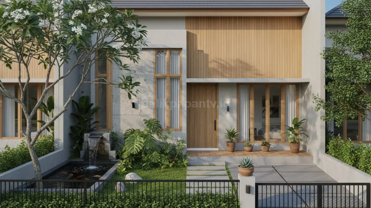 Gambar Utama: Tampilan depan rumah minimalis dengan taman luas hijau yang adem dan modern