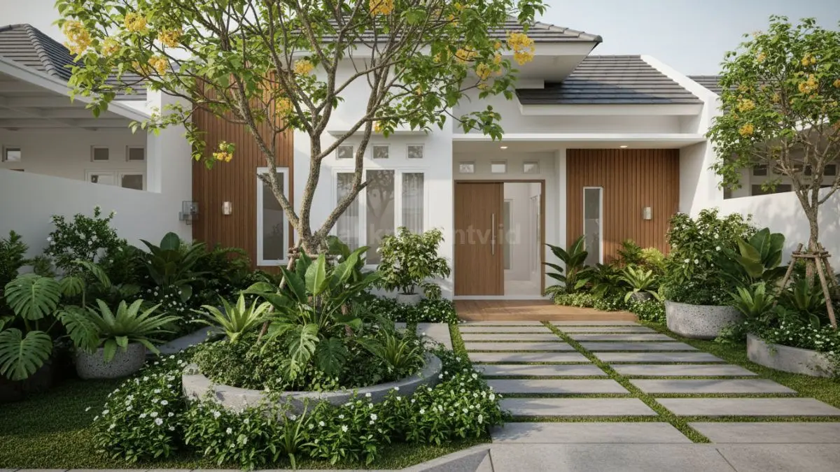 Ilustrasi taman depan rumah dengan konsep sehat dan sirkulasi udara alami