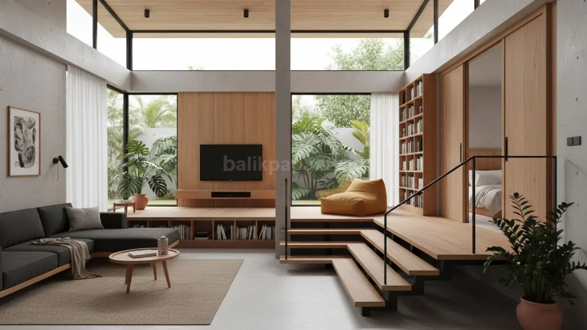 Interior split level minimalis dengan tangga pendek antar ruang