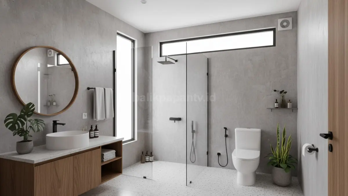 Kamar mandi sederhana modern dengan pencahayaan alami dan desain minimalis elegan