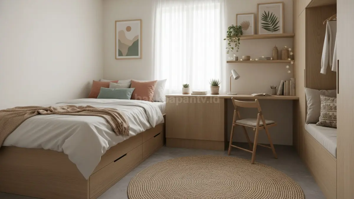 Kamar tumblr modern dengan lampu hangat dan dekor sederhana yang nyaman