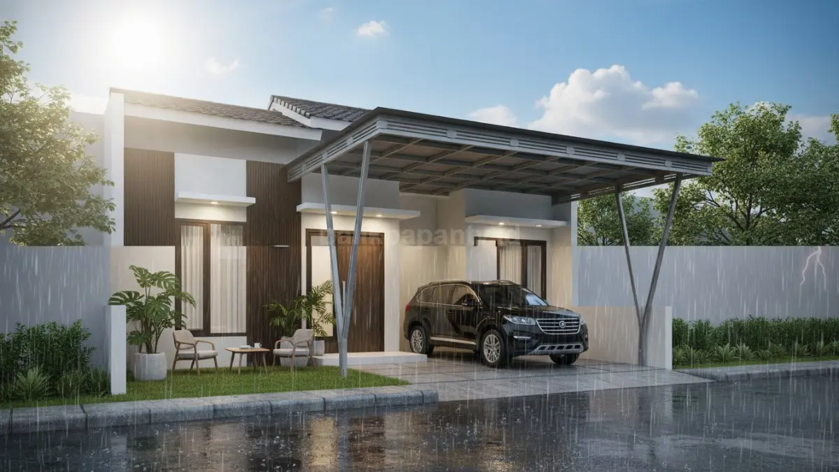 Kanopi rumah minimalis modern dengan rangka besi dan atap transparan
