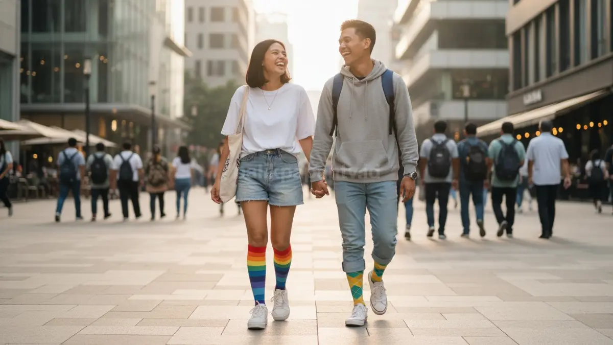 Kaus kaki warna cerah dipadukan dengan pakaian simpel.