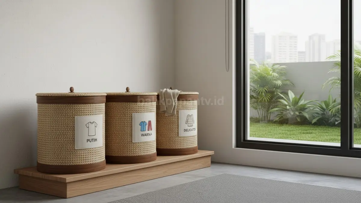 Keranjang pakaian kotor tertata rapi di sudut rumah minimalis modern dengan sistem pemilahan praktis
