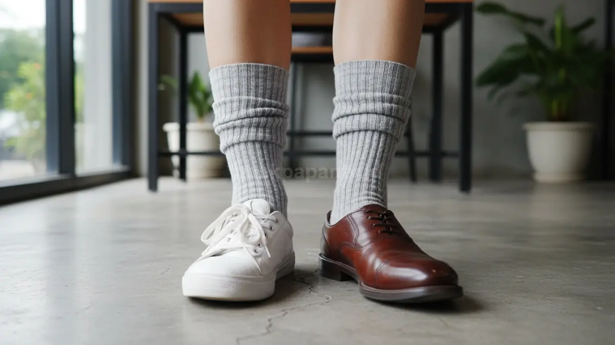 Kombinasi kaus kaki dengan sepatu kets dan pantofel.
