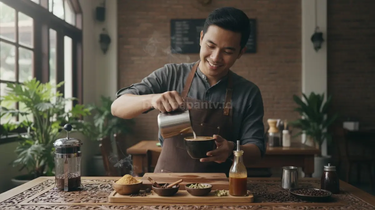Kreasi kopi dengan sentuhan bahan lokal seperti gula aren dan rempah yang diracik oleh barista, menampilkan inovasi rasa khas Indonesia yang memberi identitas unik pada setiap sajian kopi modern.