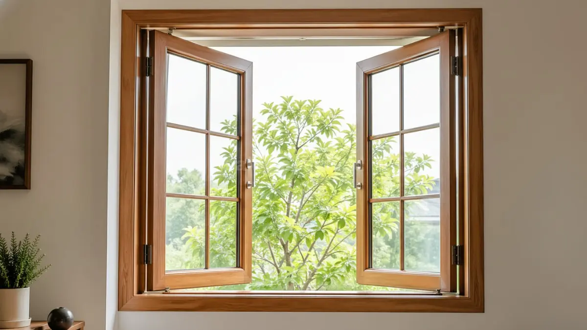 Kusen jendela kayu minimalis model bukaan ganda.
