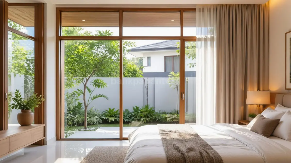 Kusen jendela kayu minimalis model kombinasi kaca besar.