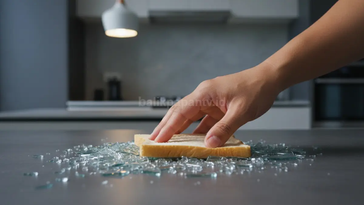 Langkah menekan roti tawar ke area pecahan kaca secara perlahan.